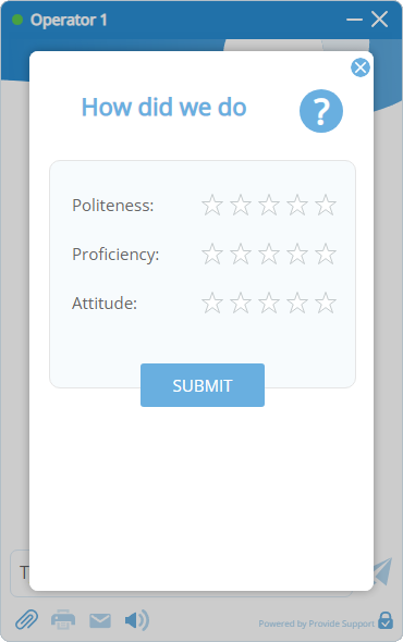 Screenshot of a post-chat survey with an additional question and hidden comments field