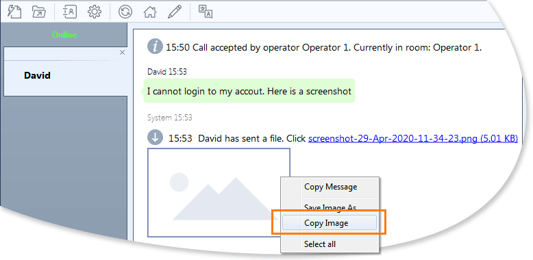 Visualisez les images transférées directement dans le texte du chat Capture d'écran de l'app d'agent de chat avec l'aperçu d'une image transférée