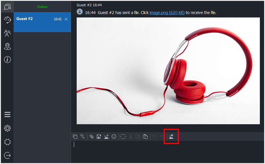 L'aperçu des images est disponible dans la fenêtre de chat en direct et dans les apps d'agent Web et native Prévisualisation d'une image et barre d'outils dans l'app d'agent native