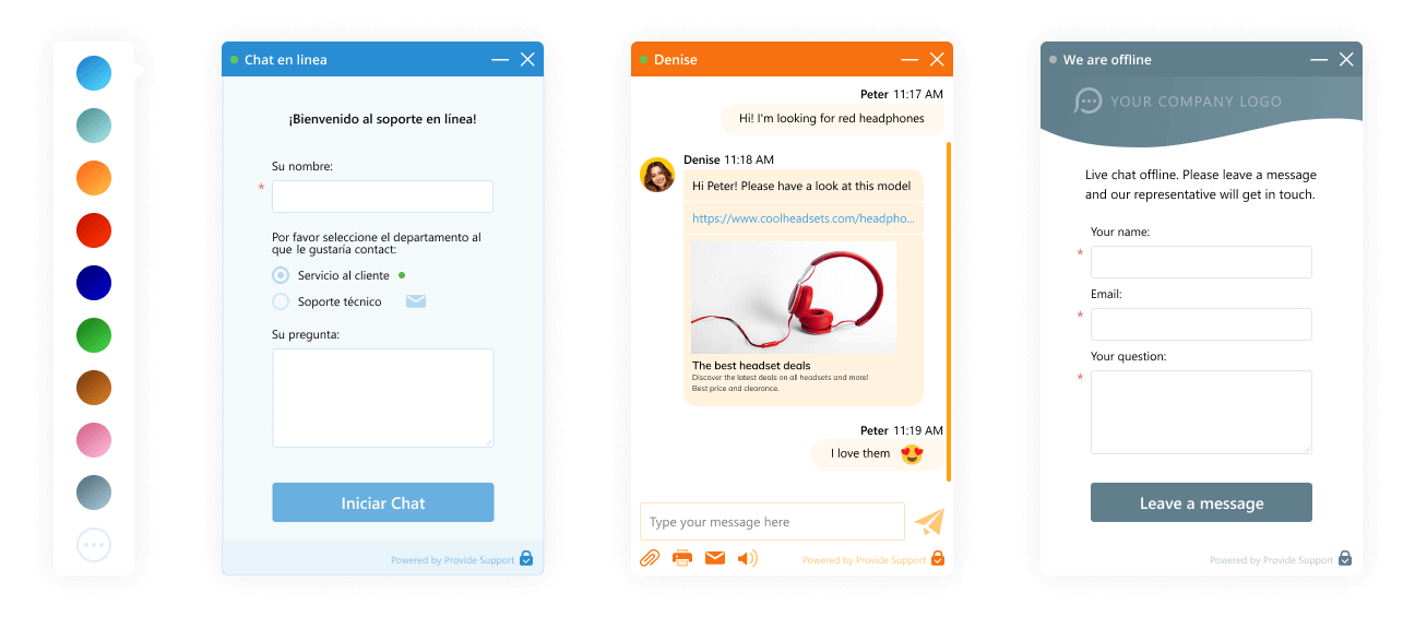 Choisissez la couleur, la langue de votre fenêtre de chat, configurez les messages et les enquêtes Personnalisations de la fenêtre de chat en direct