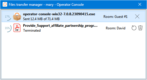 Send files to your customers right from the agent chat app File Transfer Manager window in Live Chat Operator Console