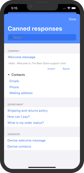 L'opérateur peut filtrer les réponses standardisées ou utiliser la fonction de recherche pour trouver la réponse nécessaire Liste de réponses standardisées dans l'application de chat en direct iOS