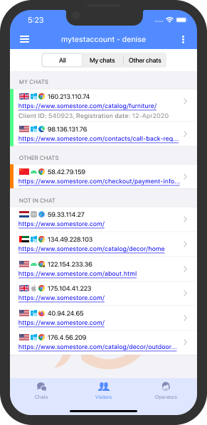 Les visiteurs avec des chats actifs sont mis en évidence dans la liste Liste des visiteurs actuels du site Web et infos sur eux