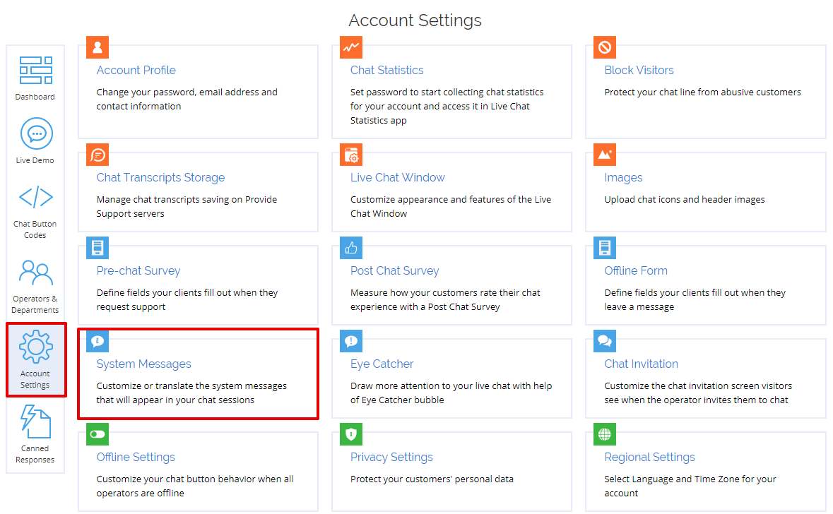 Customise Offline form text in the account system messages Screenshot of live chat chat account settings window