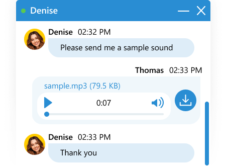 Vos clients peuvent écouter des fichiers audio et visionner des vidéos et des images directement dans le chat Aperçu d'un fichier audio