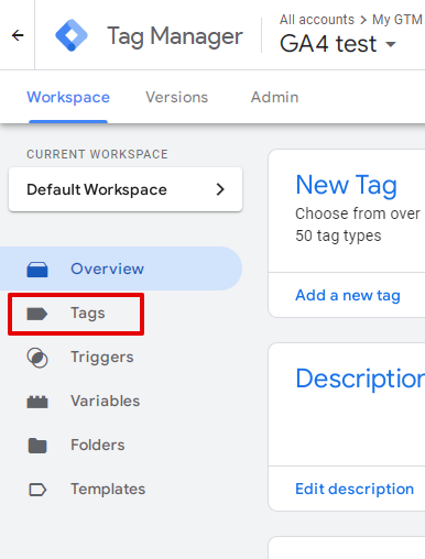 Screenshot of GTM workspace sidebar with Tags highlighted