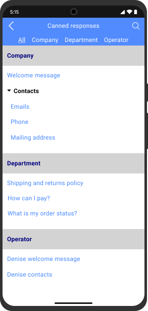 Créez un ensemble de réponses prédéfinies et utilisez-les pour gagner le temps de saisie sur les mobiles Écran de réponses standardisées dans l'app de chat Android