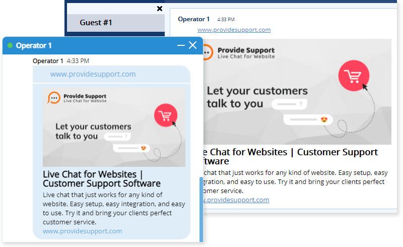 Un aperçu optionnel des liens Web est disponible dans la fenêtre de chat en direct et dans l'app Web d'agent Aperçu de liens Web dans la fenêtre de chat en direct